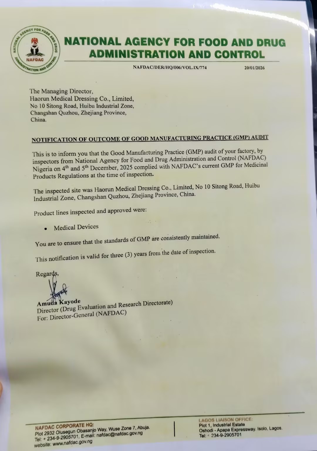 Produk Medis Haorun Secara Resmi Menerima Sertifikasi Pendaftaran NAFDAC di Nigeria